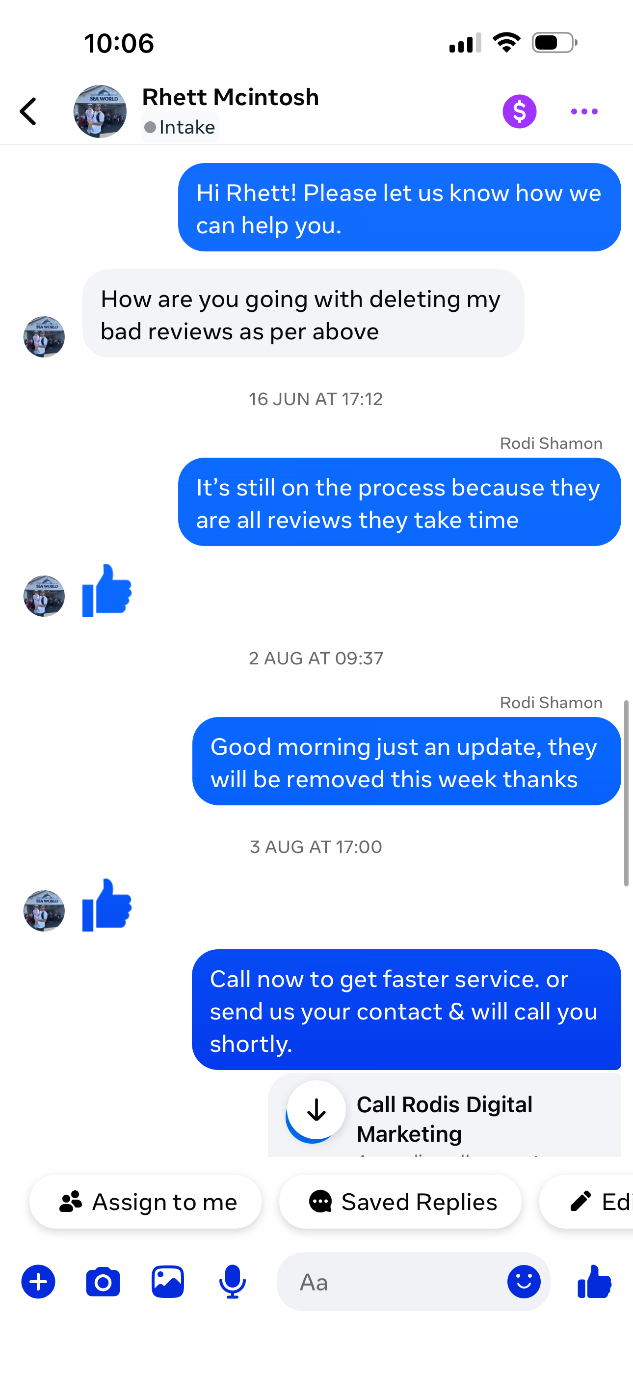 Messenger follow-up about deleting bad reviews