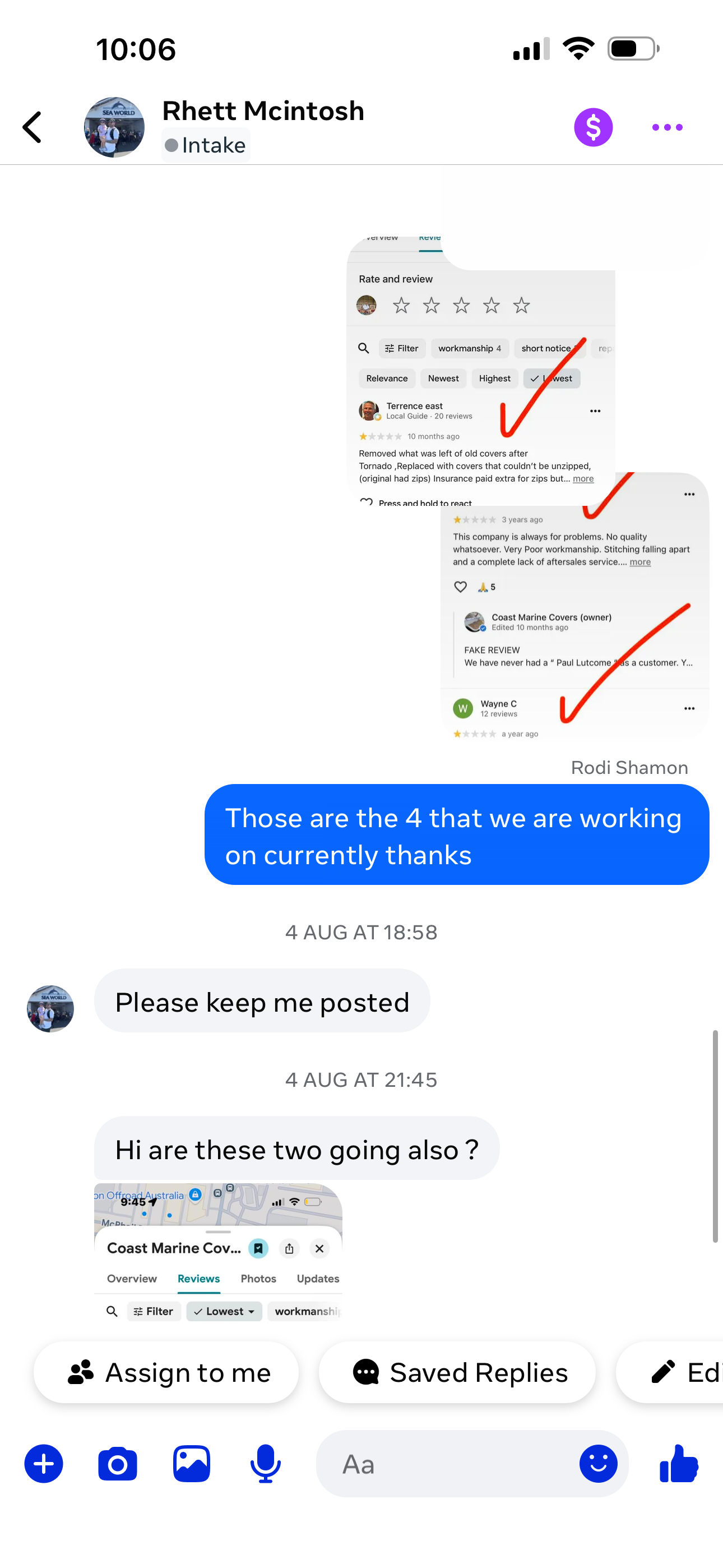 Messenger screenshot showing four reviews being worked on