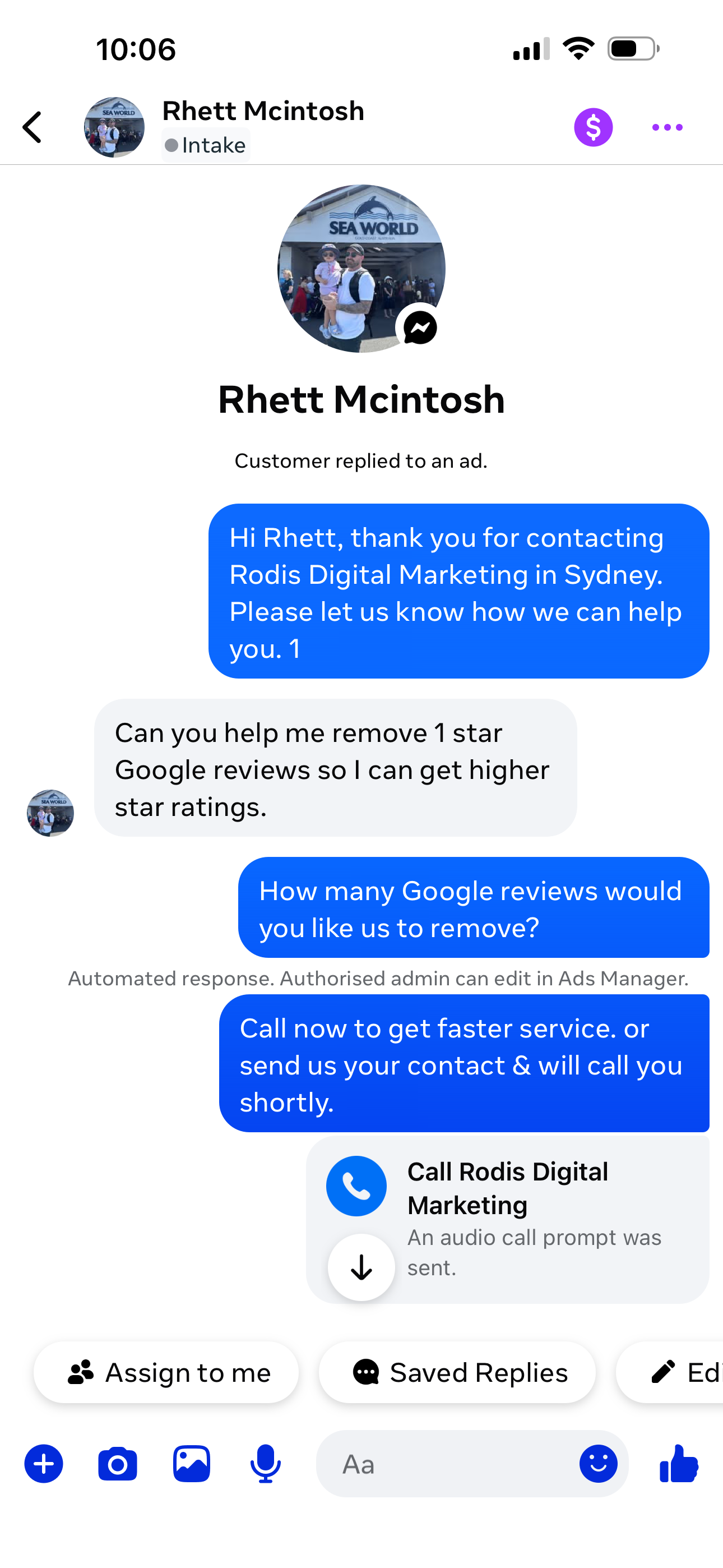 Messenger screenshot showing request to remove one-star Google reviews
