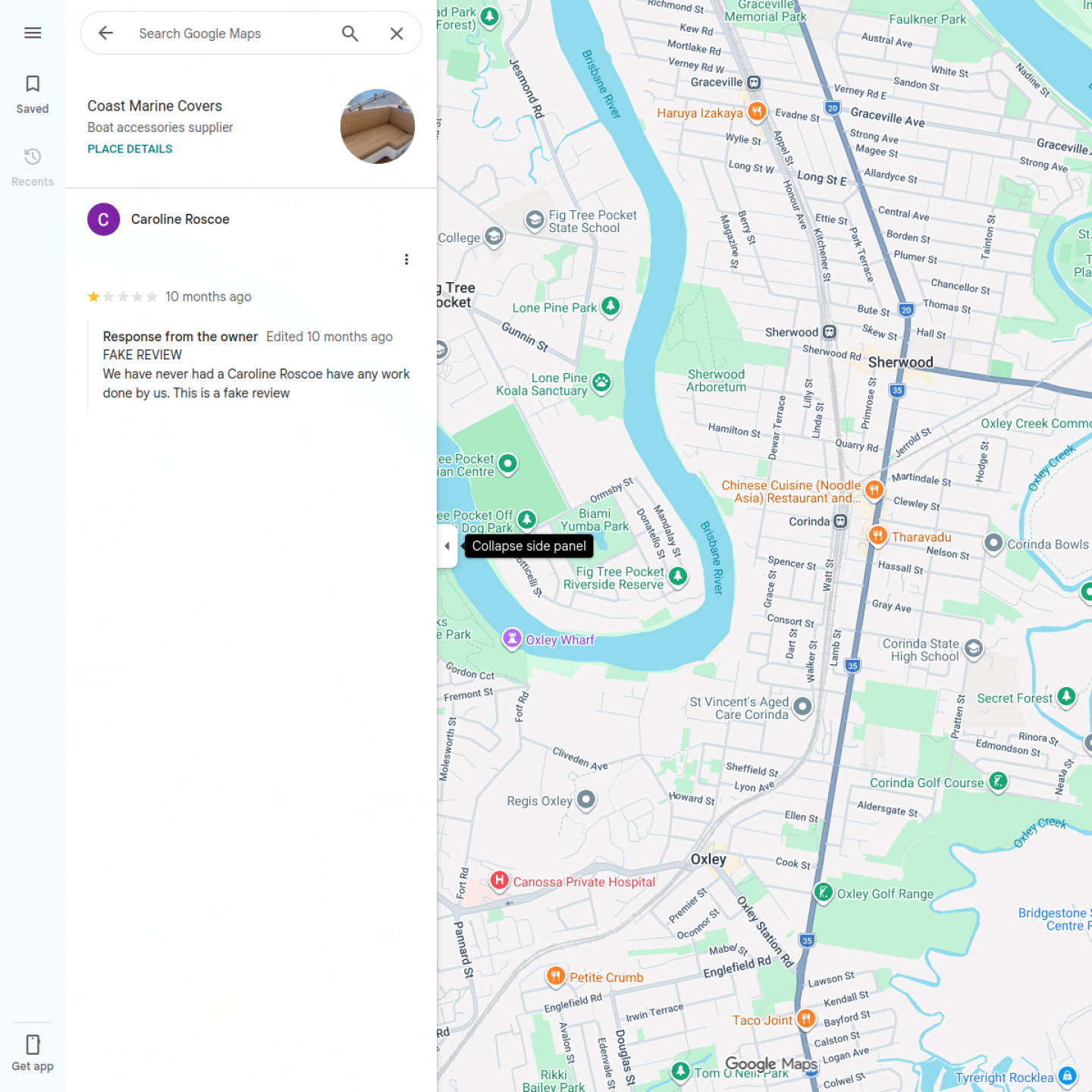 Screenshot of Google review attributed to Caroline Roscoe